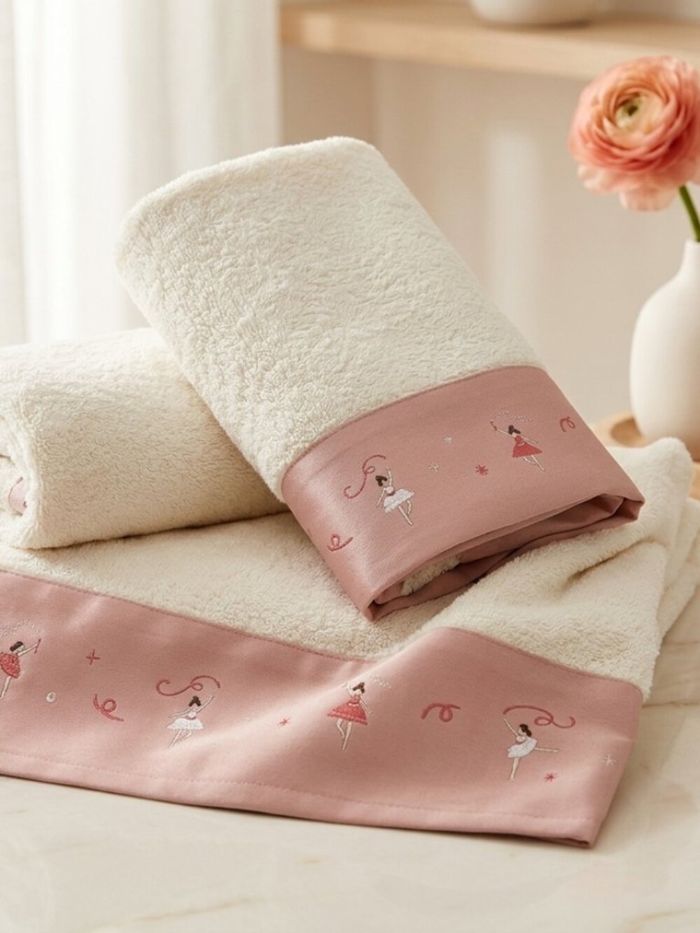 Bath Towel Rose Ballerina Pink White (23.6x47.2 inch) | Cotton Towel Embroidery